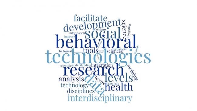 Word cloud with many different terms used for behavioral and social sciences research.