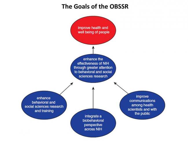 Chart indicating “The Goals of the OBSSR.” Improve health and well being of people. Enhance the effectiveness of NIH through greater attention to behavioral and social sciences research. Enhance behavioral and social sciences research and training. Integrate a biobehavioral perspective across NIH. Improve communications among health sciences and with the public. From “Office of Behavioral and Social Sciences Research Strategic Plan 1997,” page 11. 