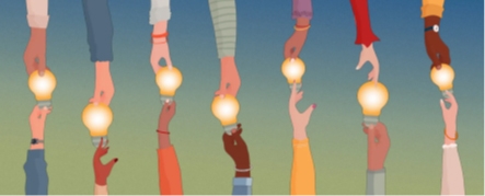 Illustration of hands holding lightbulbs.